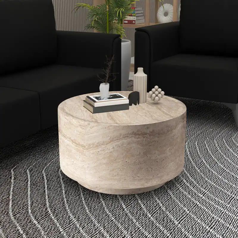 Left. LeisureMod - Terra Modern Round Fiberstone Coffee Side Table Accent Center Table for Indoor Outdoor - Travertine.