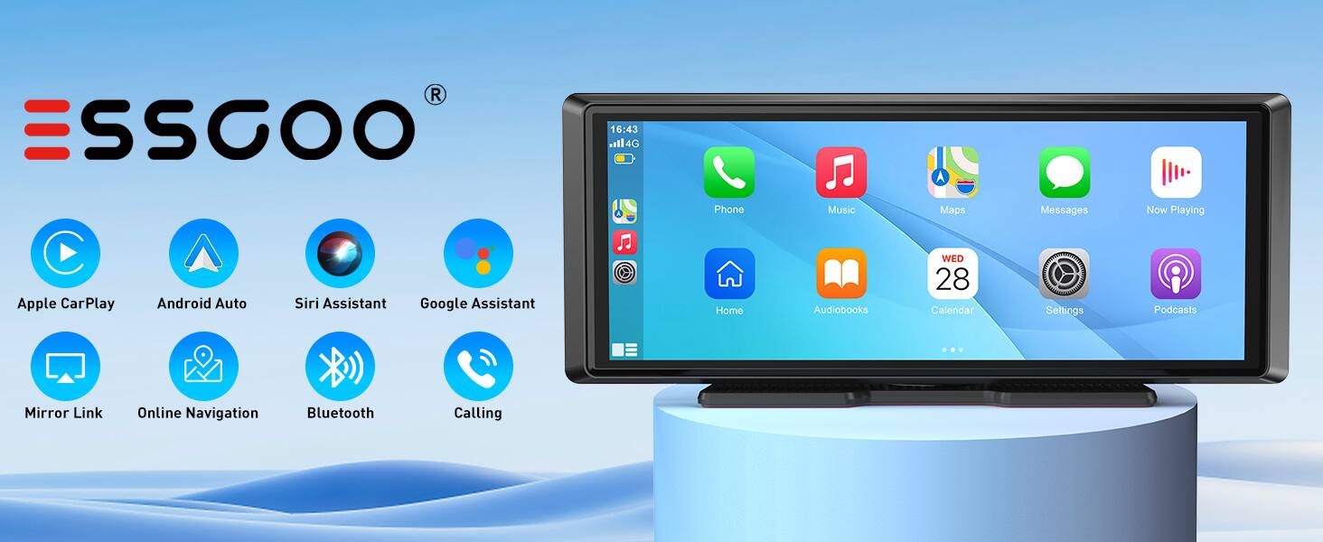 SSGOO

1 16:43

I14G

A Phone Music Maps Messages Now Playing Apple CarPlay Android Auto Siri Assistant Google Assistant Home Audiobooks WED 28 Calendar Settings Podcasts Mirror Link Online Navigation Bluetooth Calling