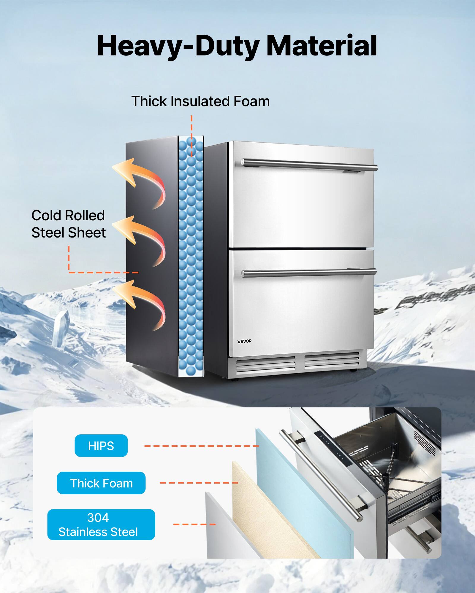 Heavy-Duty Material  
Thick Insulated Foam  
Cold Rolled Steel Sheet  
VEVOR  
HIPS  
Thick Foam  
304 Stainless Steel
