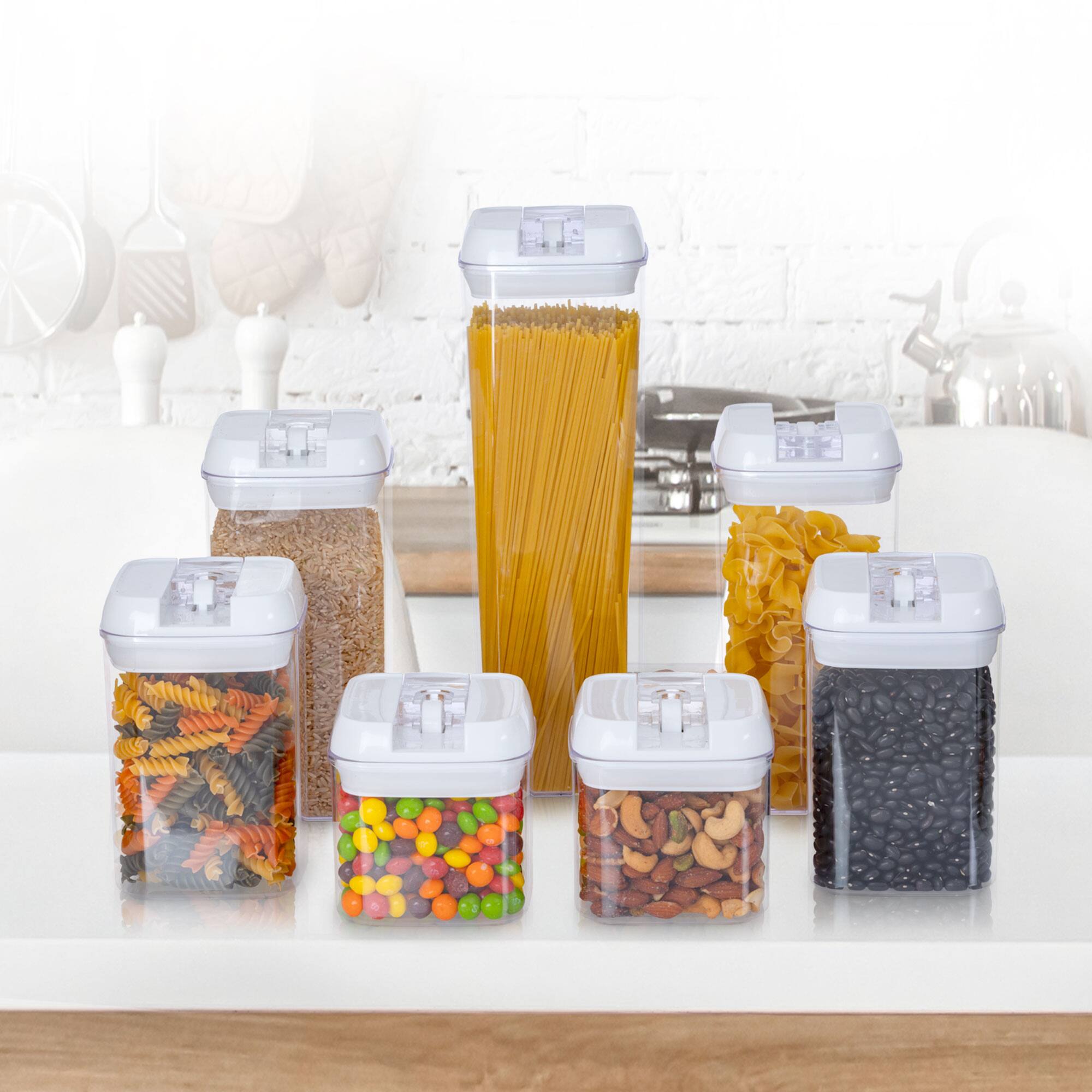 Left. Cheer Collection - 7-Piece Airtight Pantry Food Storage Container Set with Mixed Sizes, Flip-Top Lids & Reusable Labels - White.