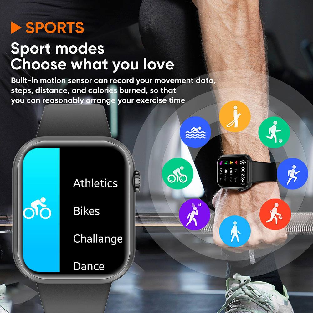 SPORTS  
Sport modes  
Choose what you love  

Built-in motion sensor can record your movement data, steps, distance, and calories burned, so that you can reasonably arrange your exercise time  

Athletics  
Bikes  
Challenge  
Dance