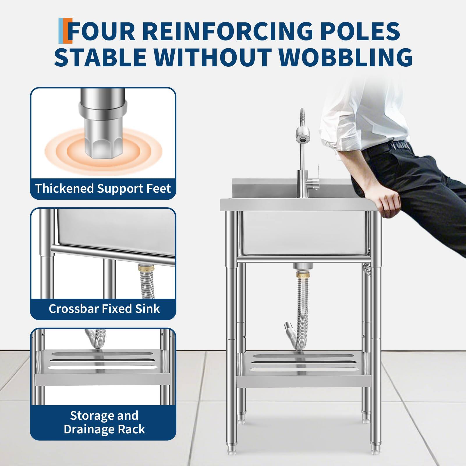 FOUR REINFORCING POLES STABLE WITHOUT WOBBLING

- Thickened Support Feet
- Crossbar Fixed Sink
- Storage and Drainage Rack