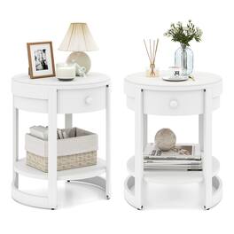 Costway - 2-Tier Nightstand w/ Shelf & Wood Grains Drawer Round End Table for Living Room - White