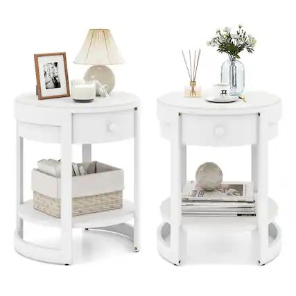 Front. Costway - Costway 2-Tier Nightstand w/ Shelf & Wood Grains Drawer Round End Table for Living Room - White.