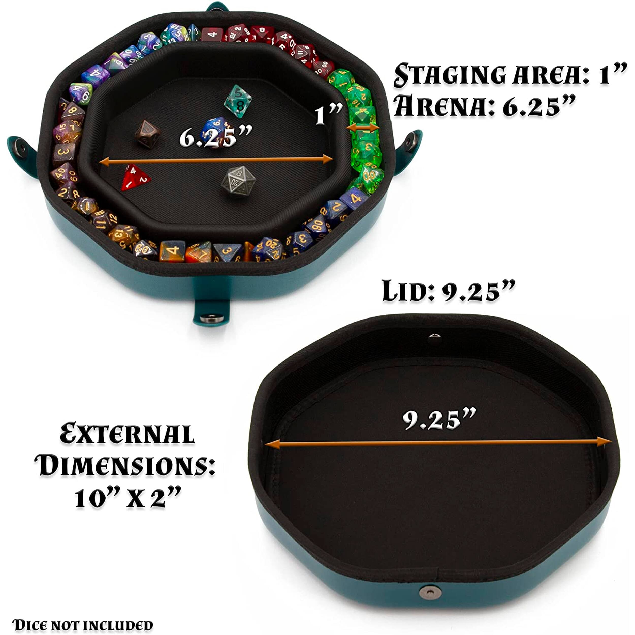 7 3  
4  
4  
18 2 8 3 5 2 4 IS 20 1 A by 2 Of = ! 25 00 50  
STAGING AREA: 1" 5 20 8 18 ARENA: 6.25" 1" 6.25" 3  
20  
B 2 90  
LID: 9.25"  
EXTERNAL DIMENSIONS: 10"X2"  
9.25"  
DICE NOT INCLUDED