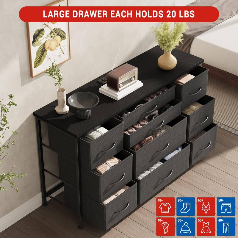 LARGE DRAWER EACH HOLDS 20 LBS

40+ T-shirts  
90+ Socks  
60+ Underwear  
50+ Shorts  
40+ Jeans  
60+ Shirts  
50+ Dresses  
40+ Pants