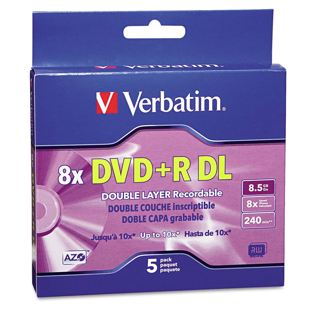 Verbatim
8x DVD+R DL
8.5 GB
8x Speed
240 min**
Up to 10x*
Hasta de 10x*
Jusqu'à 10x*
DOUBLE LAYER Recordable
DOUBLE COUCHE inscriptible
DOBLE CAPA grabable
RW
pack 5
paquet
paquete