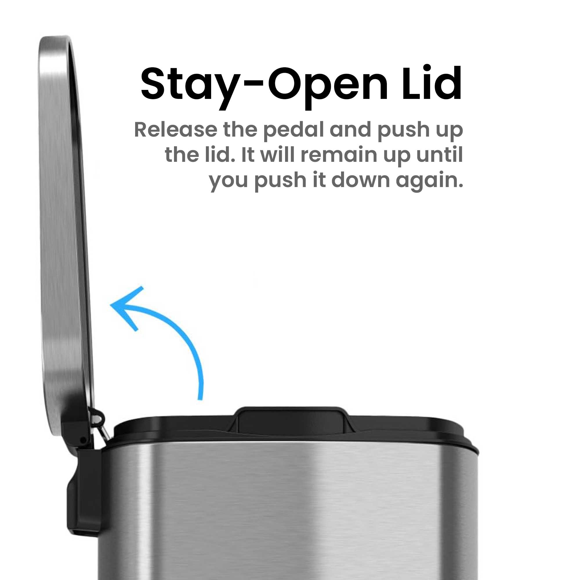 Stay-Open Lid

Release the pedal and push up the lid. It will remain up until you push it down again.