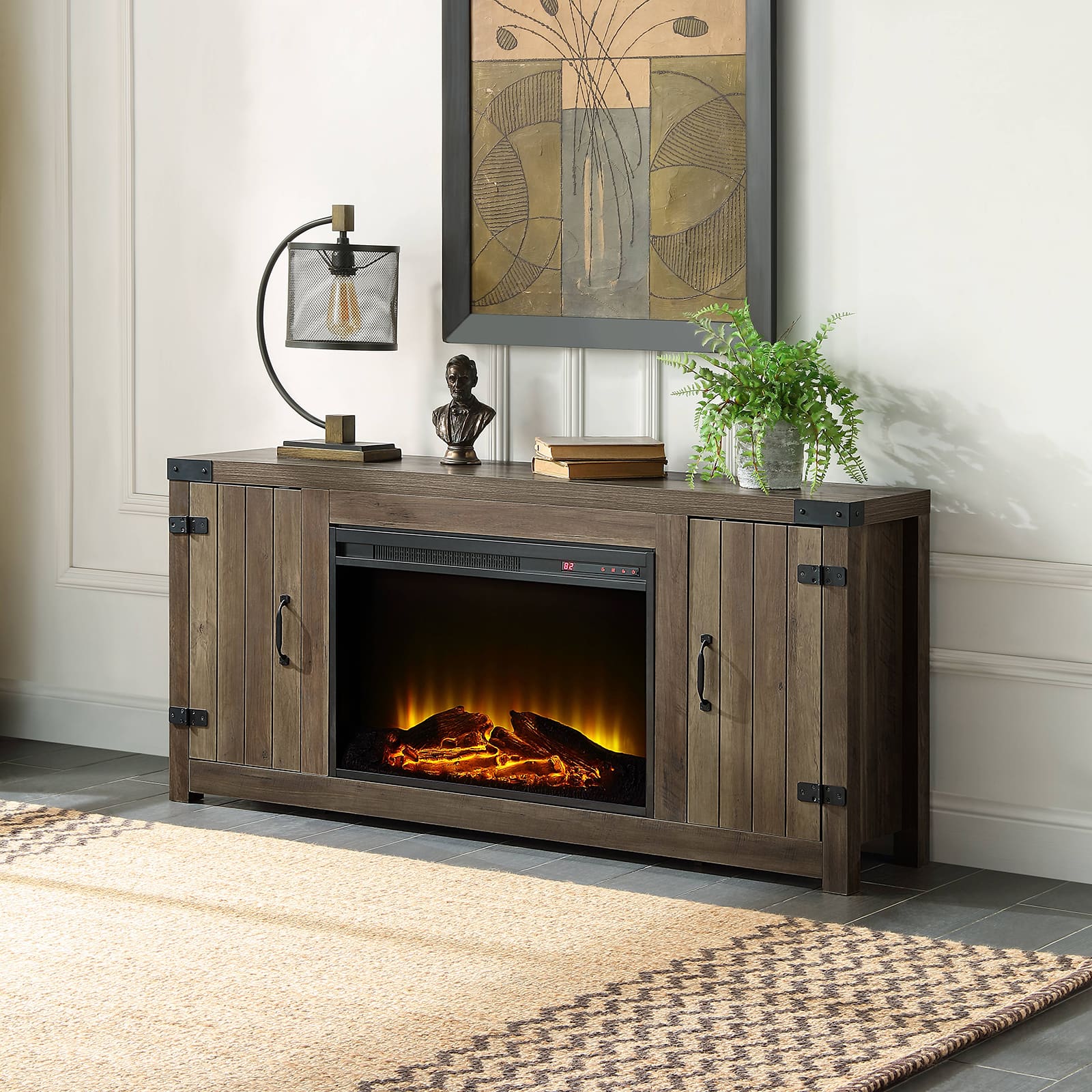 Chateau Abodes - 54" Farmhouse Fireplace TV Stand with Electric Fireplace, 2 Storage Drawers for TVs up to 65" - Oak