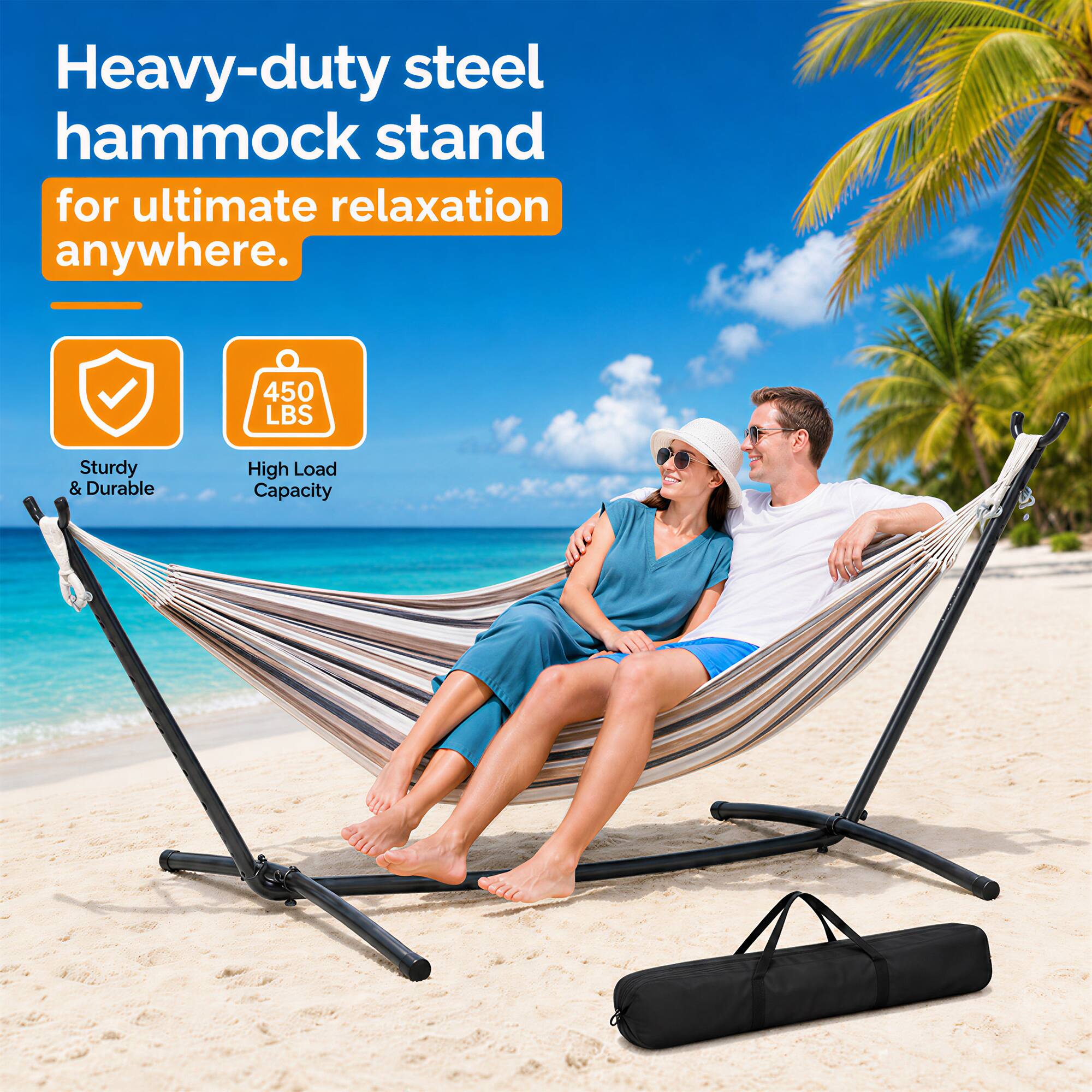 Heavy-duty steel hammock stand for ultimate relaxation anywhere.  
450 LBS  
Sturdy & Durable  
High Load Capacity