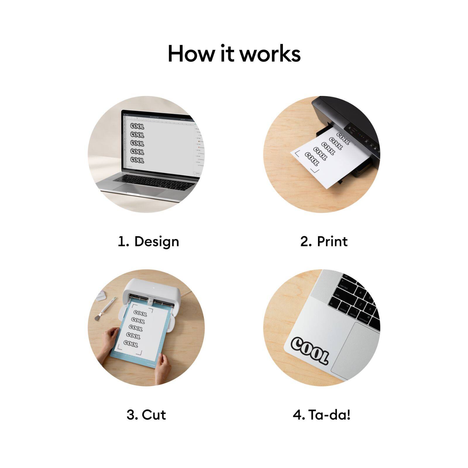 How it works

1. Design
2. Print
3. Cut
4. Ta-da!