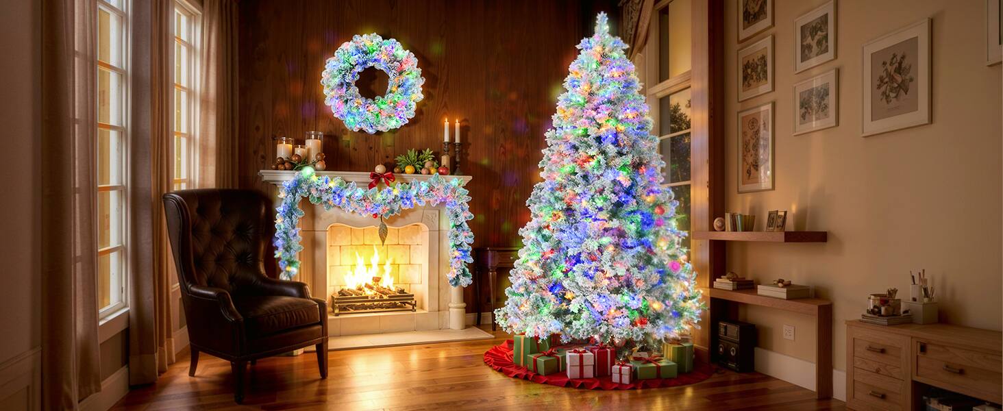 Left. APRILSOUL - Snow Flocked Christmas Tree Pre Lit Set Tree Garland Wreath Artificial Hinged Colorful LED Lights - White,Green.