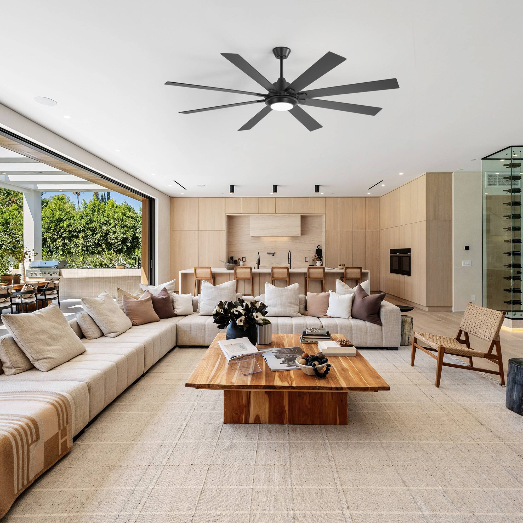 Alt View 1. Breezary - 72-Inch Ceiling Fan with 8 Dual-Finish Plywood Blades, 3-Color Light, 6-Speed DC Motor with Remote & Memory - Matte Black and Dark Wood Grain.