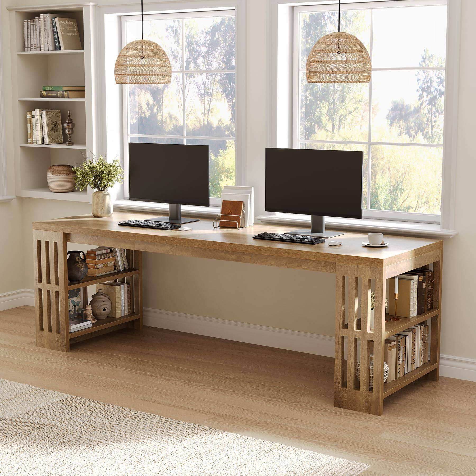 Angle. Tribesigns - 78.7-Inch Two-Person Computer Desk with Storage Shelves for Home Office Work, Study or Computer Tasks - Natural.