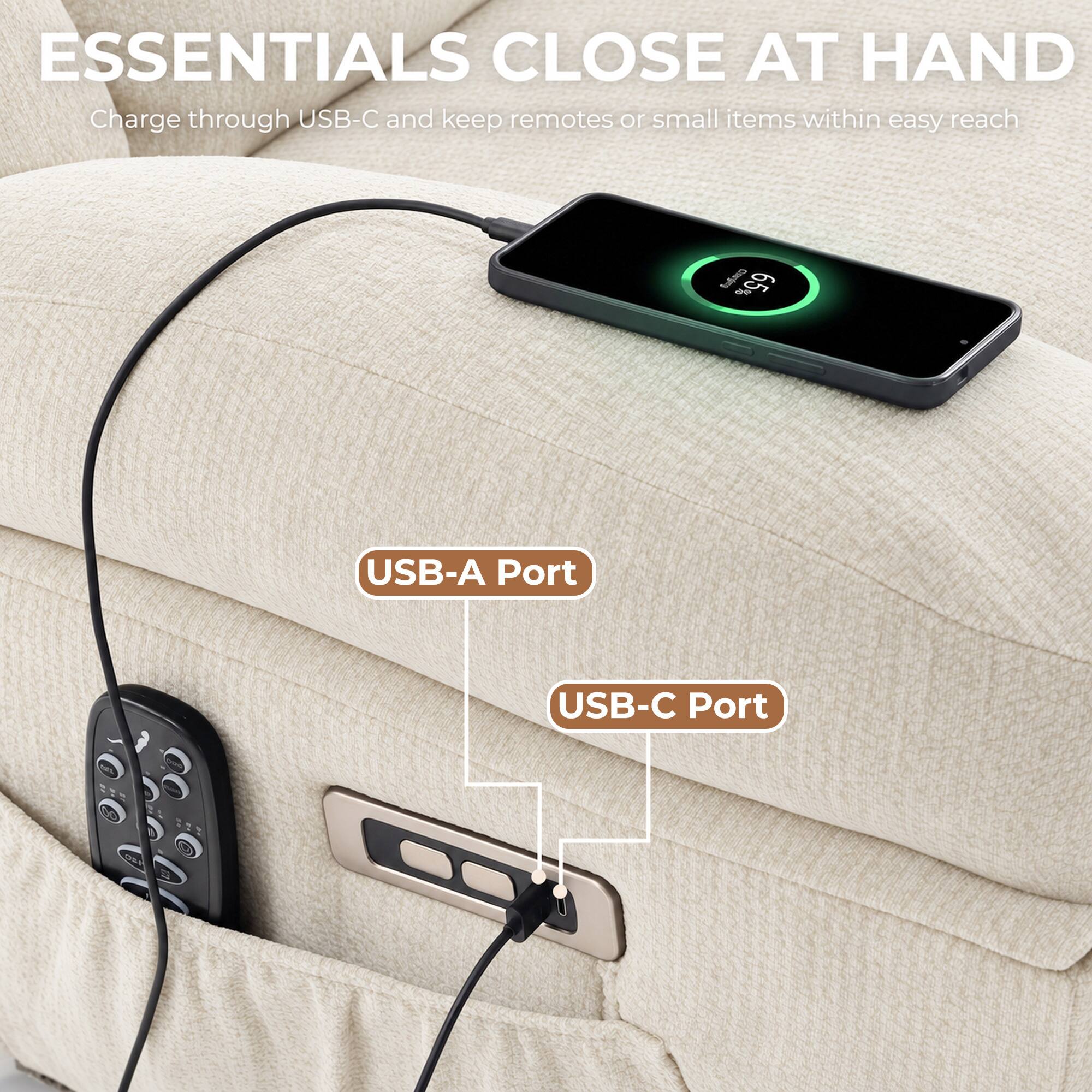 ESSENTIALS CLOSE AT HAND  
Charge through USB-C and keep remotes or small items within easy reach

RF 65%  
USB-A Port  
USB-C Port