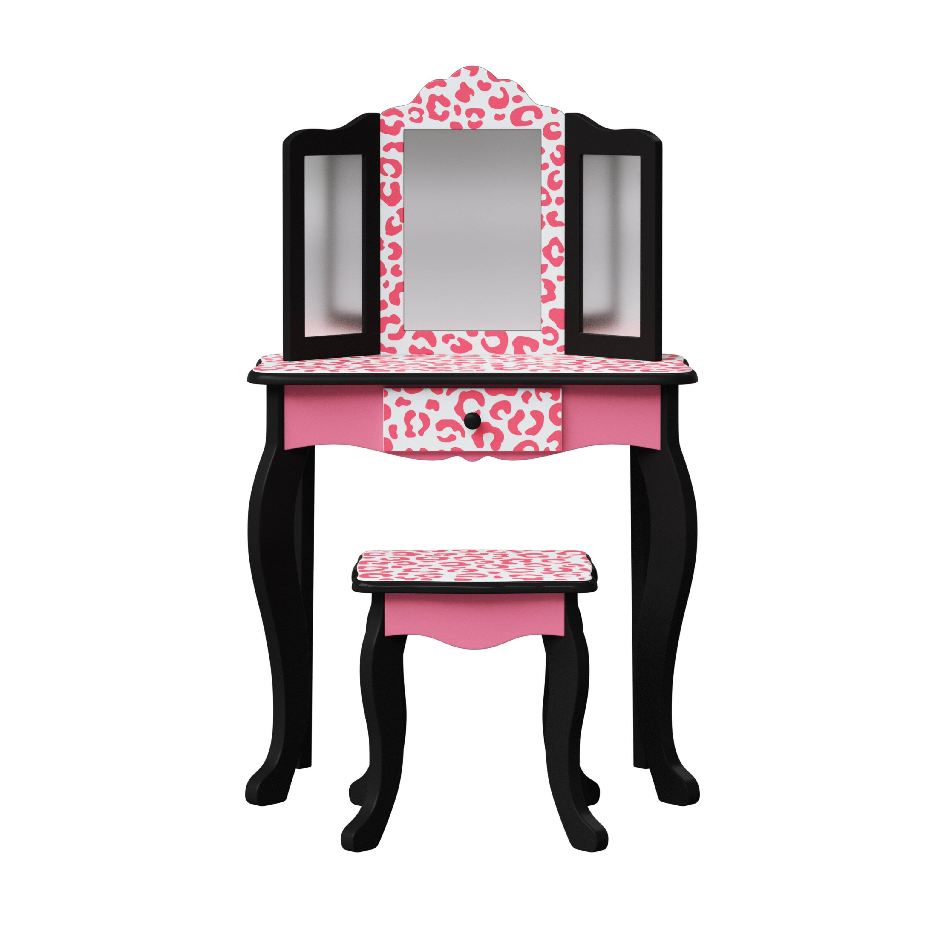 Angle. Teamson Kids - Fantasy Fields Gisele Leopard Print Kids Vanity Table & Stool, Black & Pink.