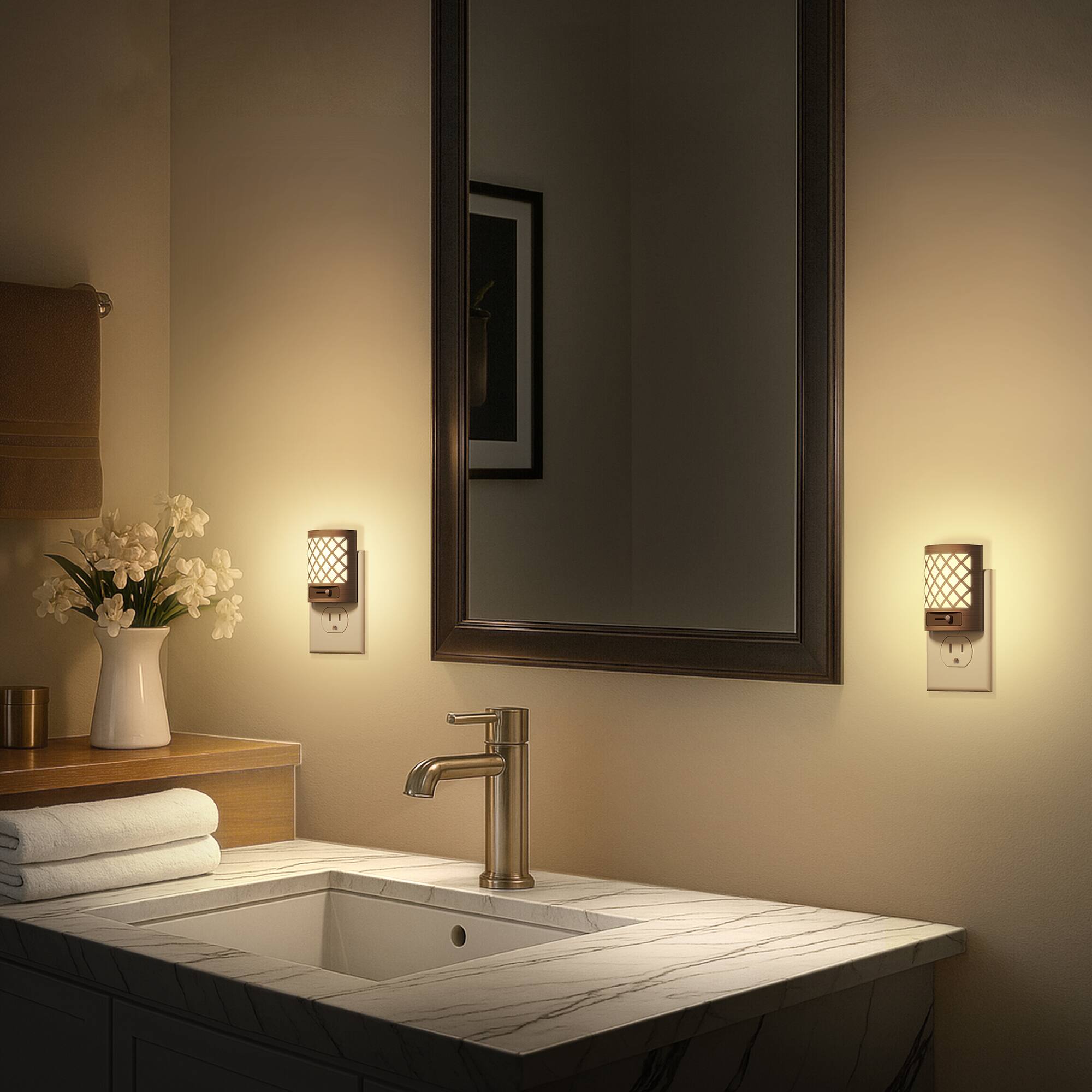 Left. Jandcase - JANDCASE 4-Pack 1W  Plug-in Night Light, 3000K Warm Glow with Slide Dimmer 0-100%, Dusk-to-Dawn Sensor - Brown.