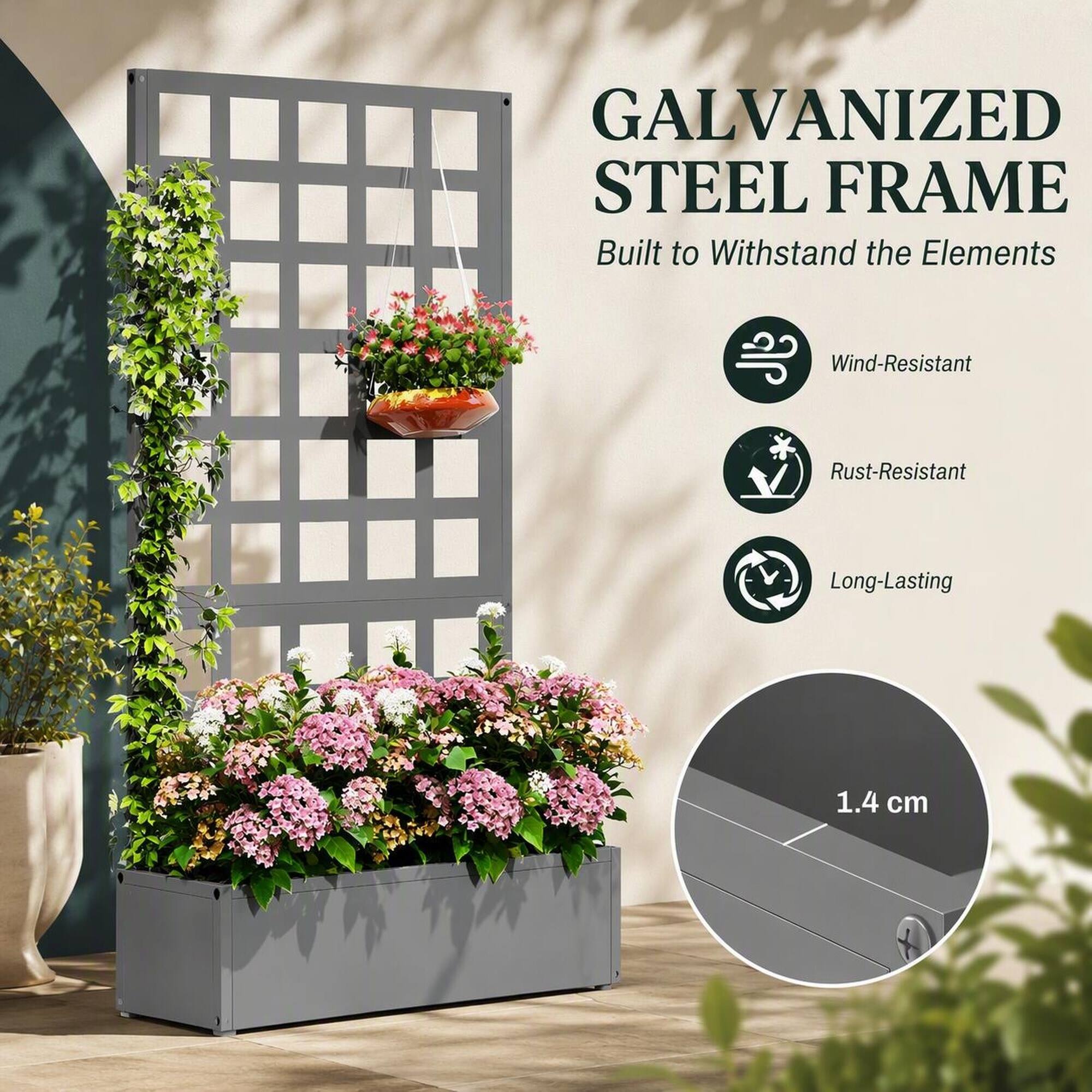 GALVANIZED STEEL FRAME  
Built to Withstand the Elements

- Wind-Resistant
- Rust-Resistant
- Long-Lasting

1.4 cm