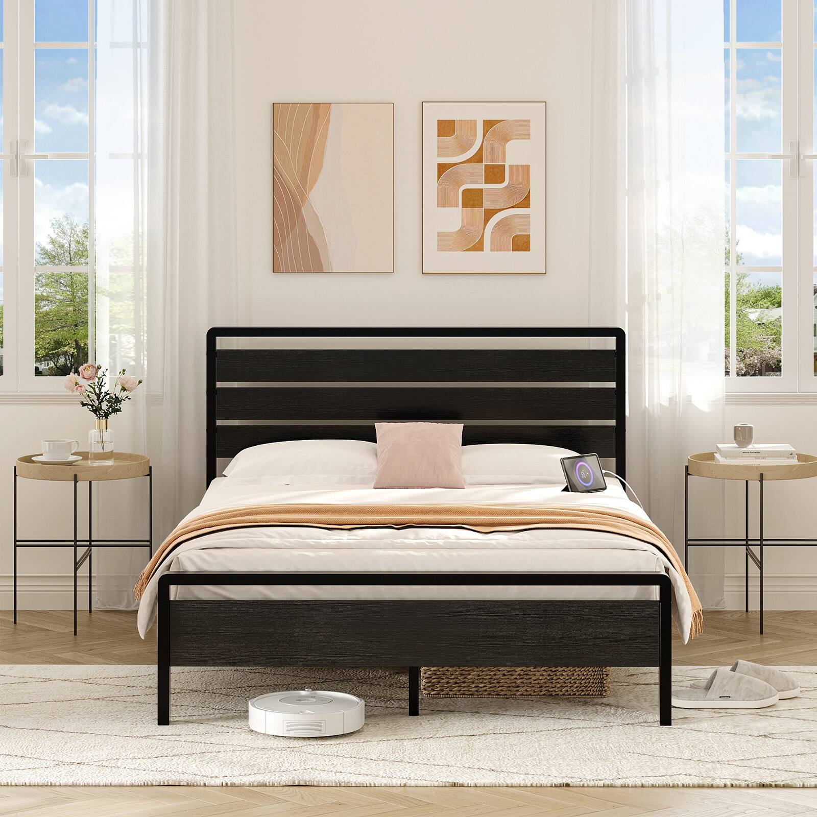 Alt View 9. Winado - Queen Size Platform Bed Frame with LED Headboard, USB Charging Station, Metal Panel Bed with 12" Under Bed Storage Space - Black.