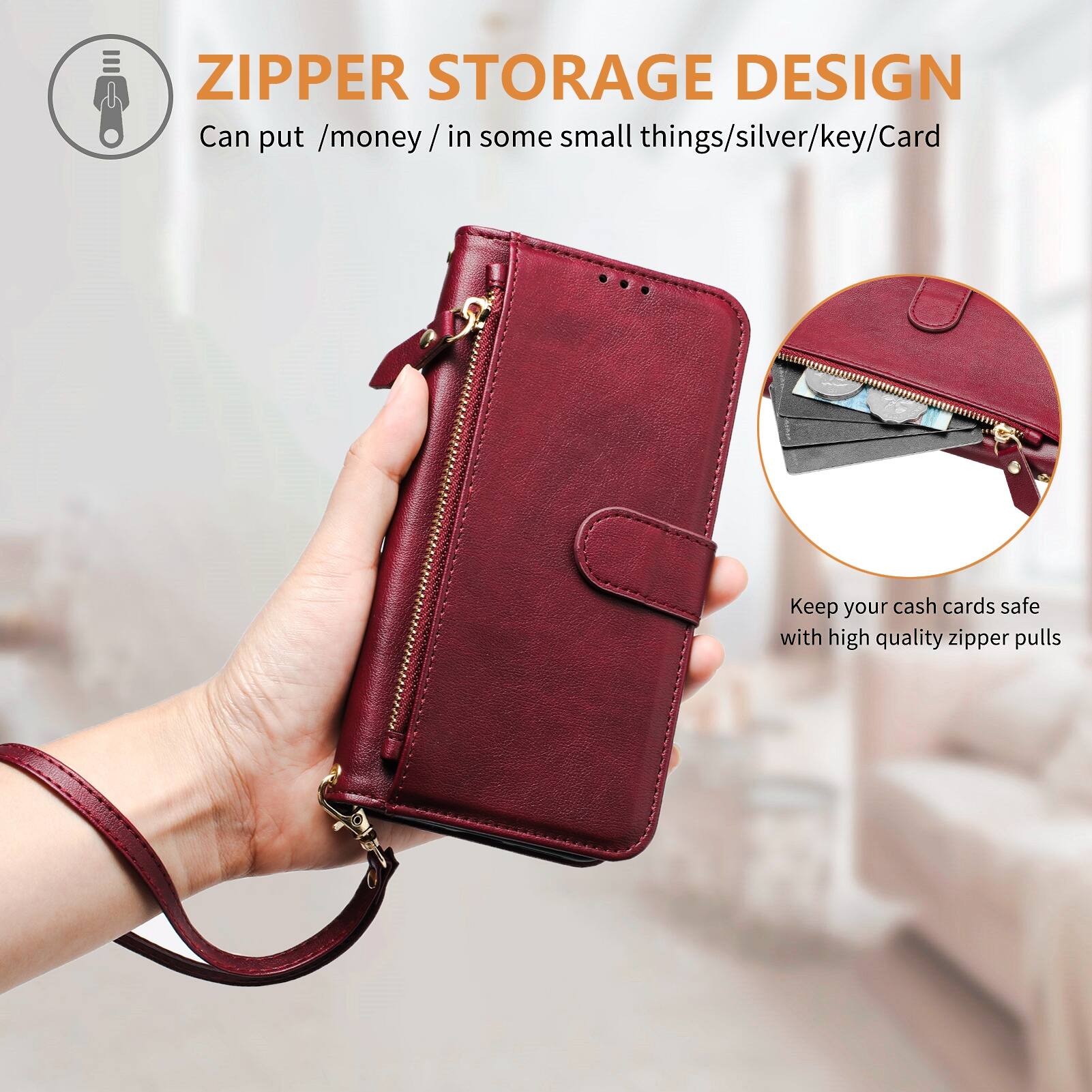 ZIPPER STORAGE DESIGN  
Can put /money/ in some small things/silver/key/Card  
Keep your cash cards safe with high quality zipper pulls