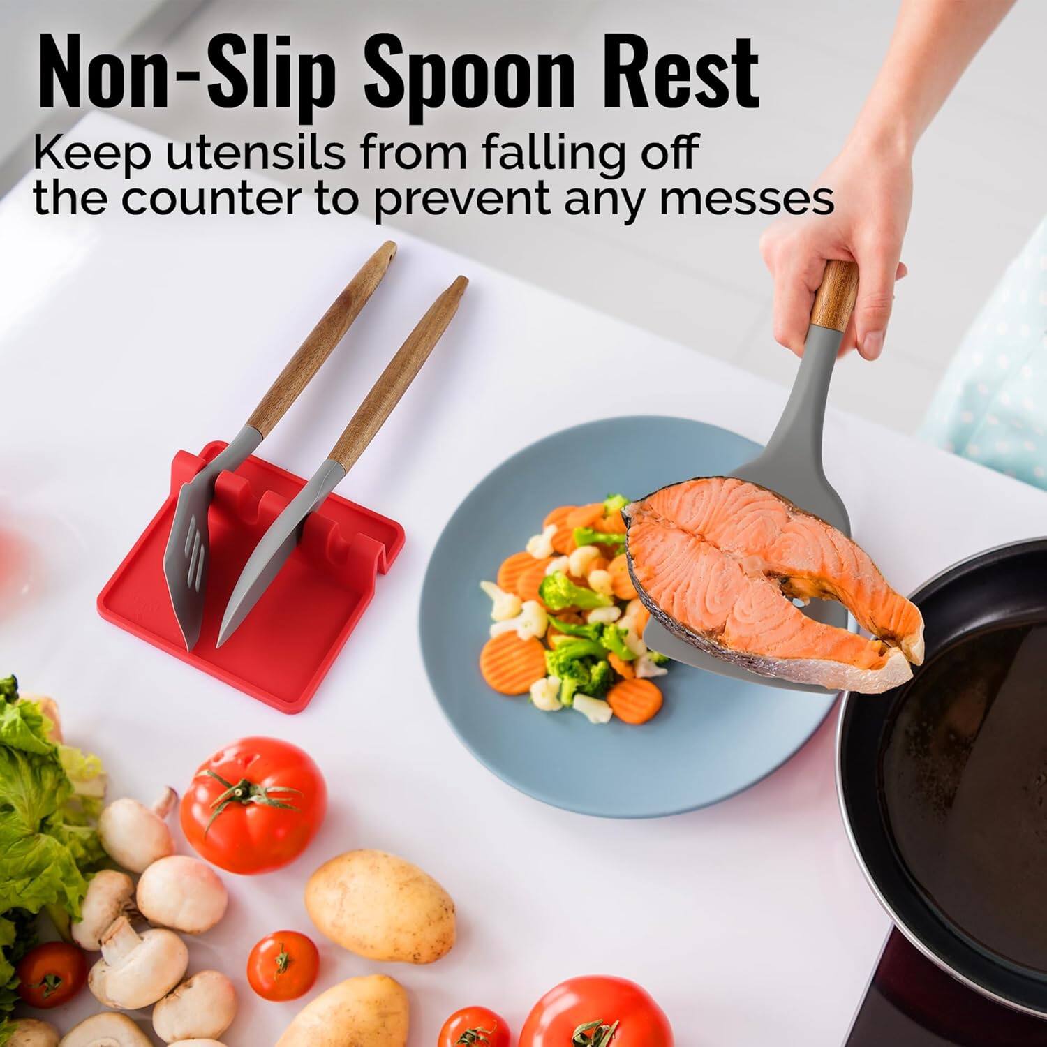 Non-Slip Spoon Rest  
Keep utensils from falling off the counter to prevent any messes