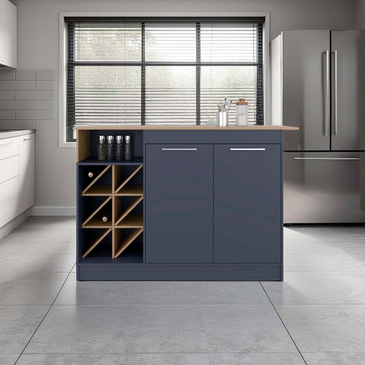 Front. Loheer - Loheer Natural Oak Kitchen Cabinet with Bottle Rack 63.3in Wide - Oak.
