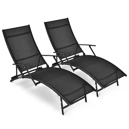 Front. Costway - Costway 2PCS Patio Folding Lounge Chair Chaise Recliner Adjustable Stackable W/Armrest - Black.