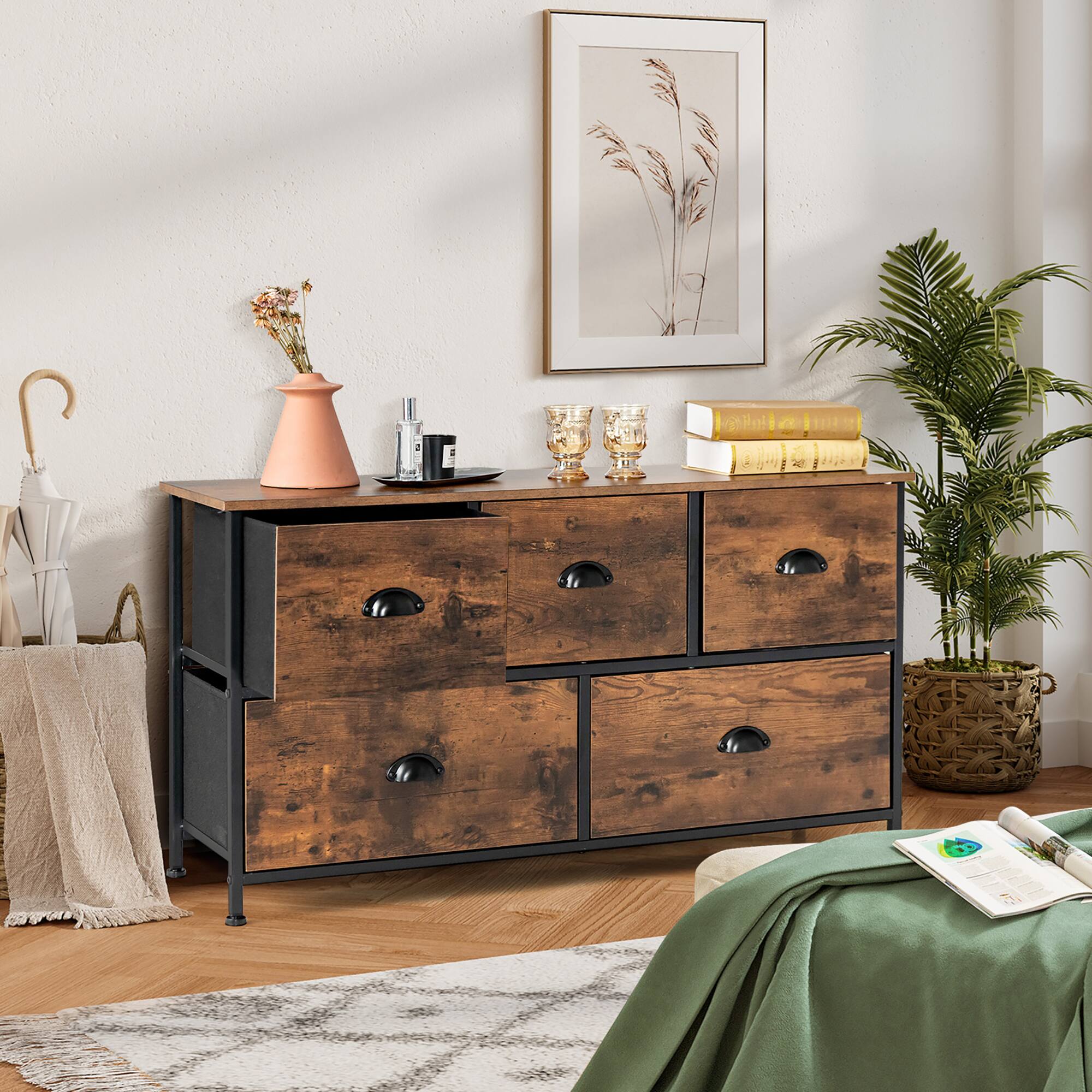 Alt View 2. Costway - Costway 5-Drawer Dresser Fabric Storage Tower w/wooden Top Chest Organizer Rustic Brown - Rustic Brown.
