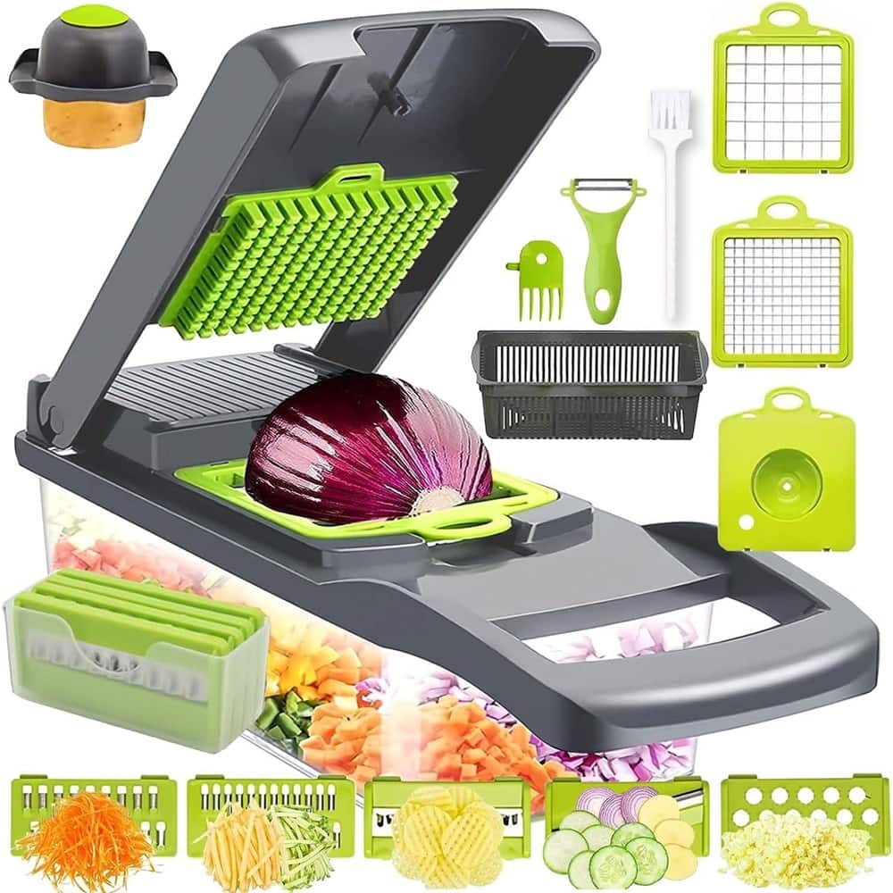 PARKER SLATER - 17-in-1 Vegetable Chopper – Multi-Purpose Kitchen Gadget with Container, Includes Mandolin, Slicer, Dicer, and Chopper f - Black,Green-17 in 1
