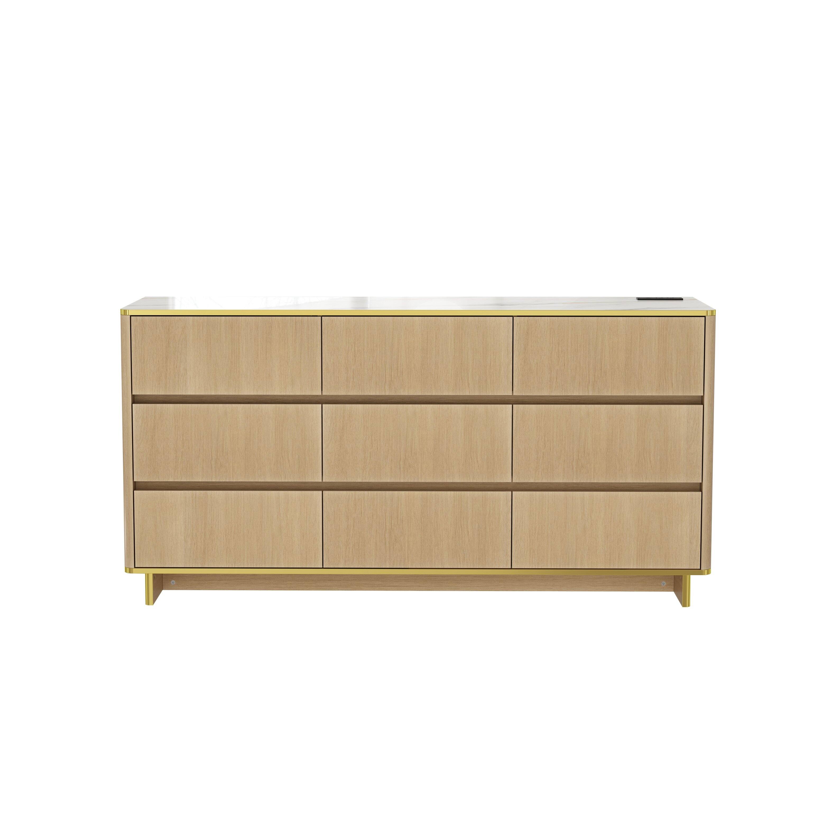 Famapy - Modern 9-Drawer Dresser with Charging Station, Patterned Top, Accent Lighting and Metal Base - Wooden