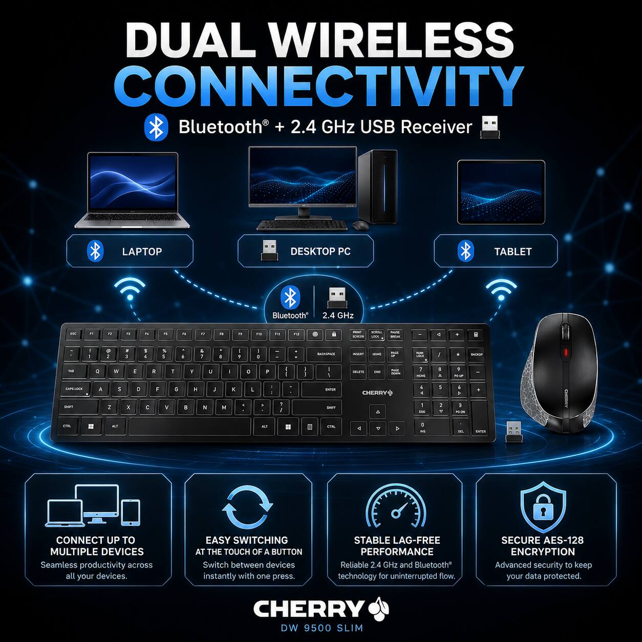 DUAL WIRELESS CONNECTIVITY  
Bluetooth + 2.4 GHz USB Receiver  
LAPTOP DESKTOP PC TABLET  

Bluetooth 2.4 GHz  

CONNECT UP TO MULTIPLE DEVICES  
Seamless productivity across all your devices.  

EASY SWITCHING AT THE TOUCH OF A BUTTON  
Switch between devices instantly with one press.  

STABLE LAG-FREE PERFORMANCE  
Reliable 2.4 GHz and Bluetooth* technology for uninterrupted flow.  

SECURE AES-128 ENCRYPTION  
Advanced security to keep your data protected.  

CHERRY DW 9500 SLIM