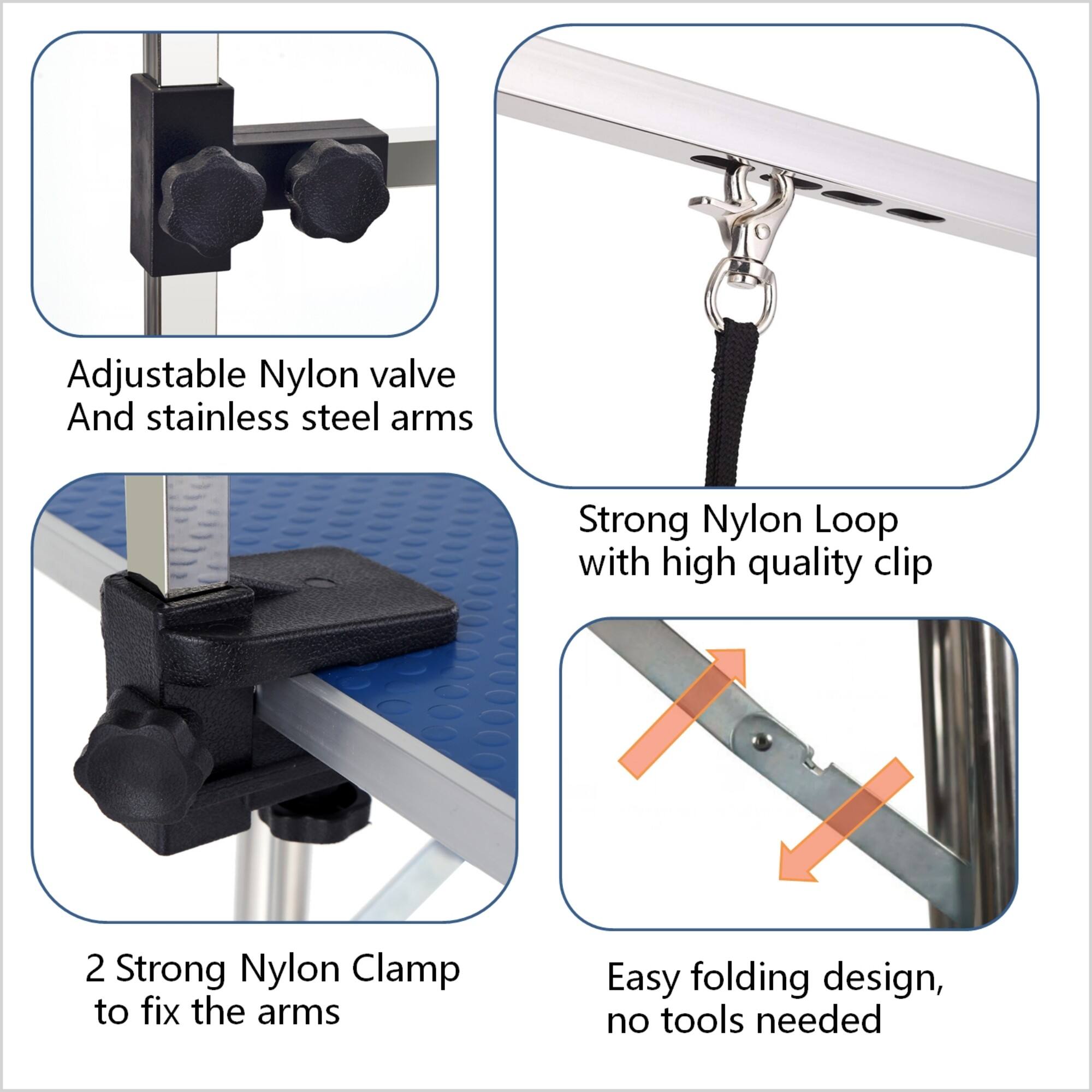 Adjustable Nylon valve and stainless steel arms  
Strong Nylon Loop with high quality clip  
2 Strong Nylon Clamps to fix the arms  
Easy folding design, no tools needed