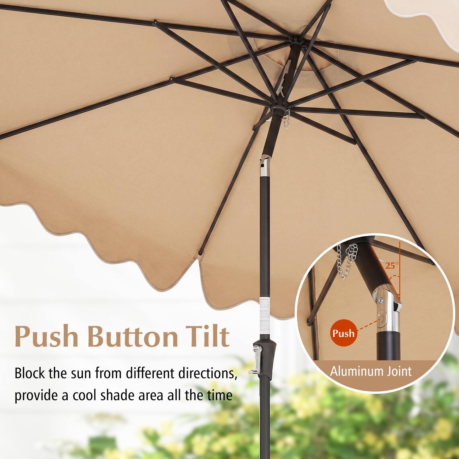 Push Button Tilt

Block the sun from different directions, provide a cool shade area all the time

Aluminum Joint