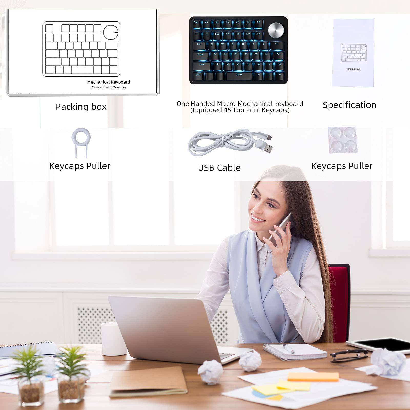 - Packing box
- Keycaps Puller
- USB Cable
- Keycaps Puller
- One Handed Macro Mechanical Keyboard (Equipped 45 Top Print Keycaps)
- Specification