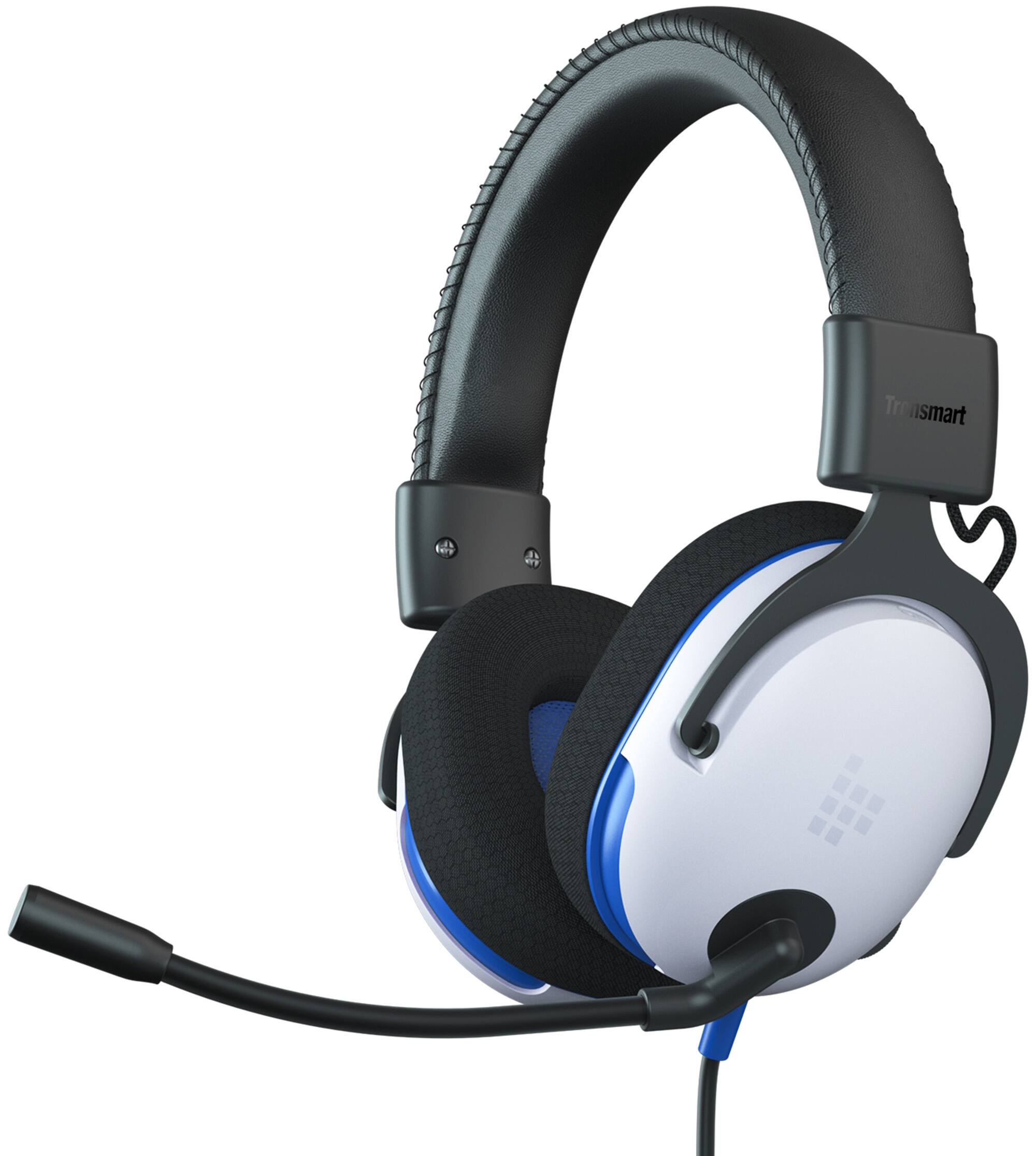 Angle. Tronsmart - Multiplatform Gaming Headset with 3.5mm Wired Connection for Nintendo Switch 2, PlayStation, Xbox, PC & Mobile - PS4/PS5/White/Blue.