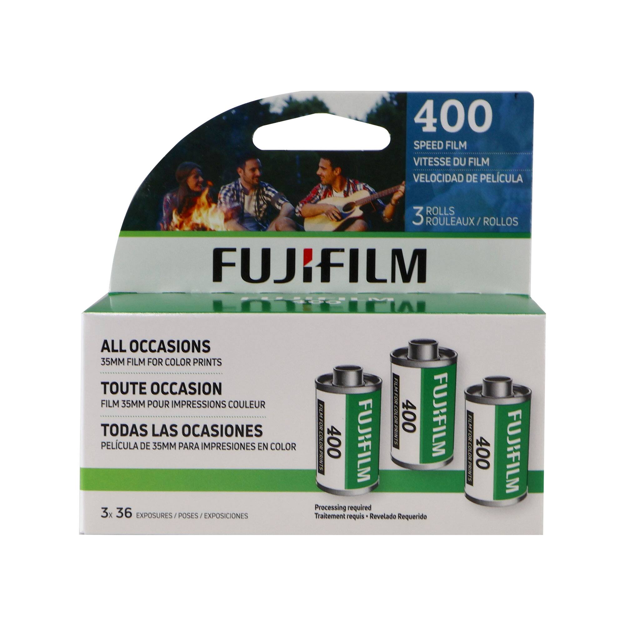 400 SPEED FILM  
VITESSE DU FILM  
VELOCIDAD DE PELICULA  

3 ROLLEAUX / ROLLOS  
FUJIFILM  

ALL OCCASIONS  
35MM FILM FOR COLOR PRINTS  
TOUTE OCCASION  
FILM 35MM POUR IMPRESSIONS COULEUR  
TODAS LAS OCASIONES  
PELICULA DE 35MM PARA IMPRESIONES EN COLOR  

3x 36 EXPOSURES / POSES / EXPOSICIONES  

Processing required  
Traitement requis  
Revelado Requerido  

FILM FOR COLOR PRINTS  
PRINTE 400 FUJIFILM