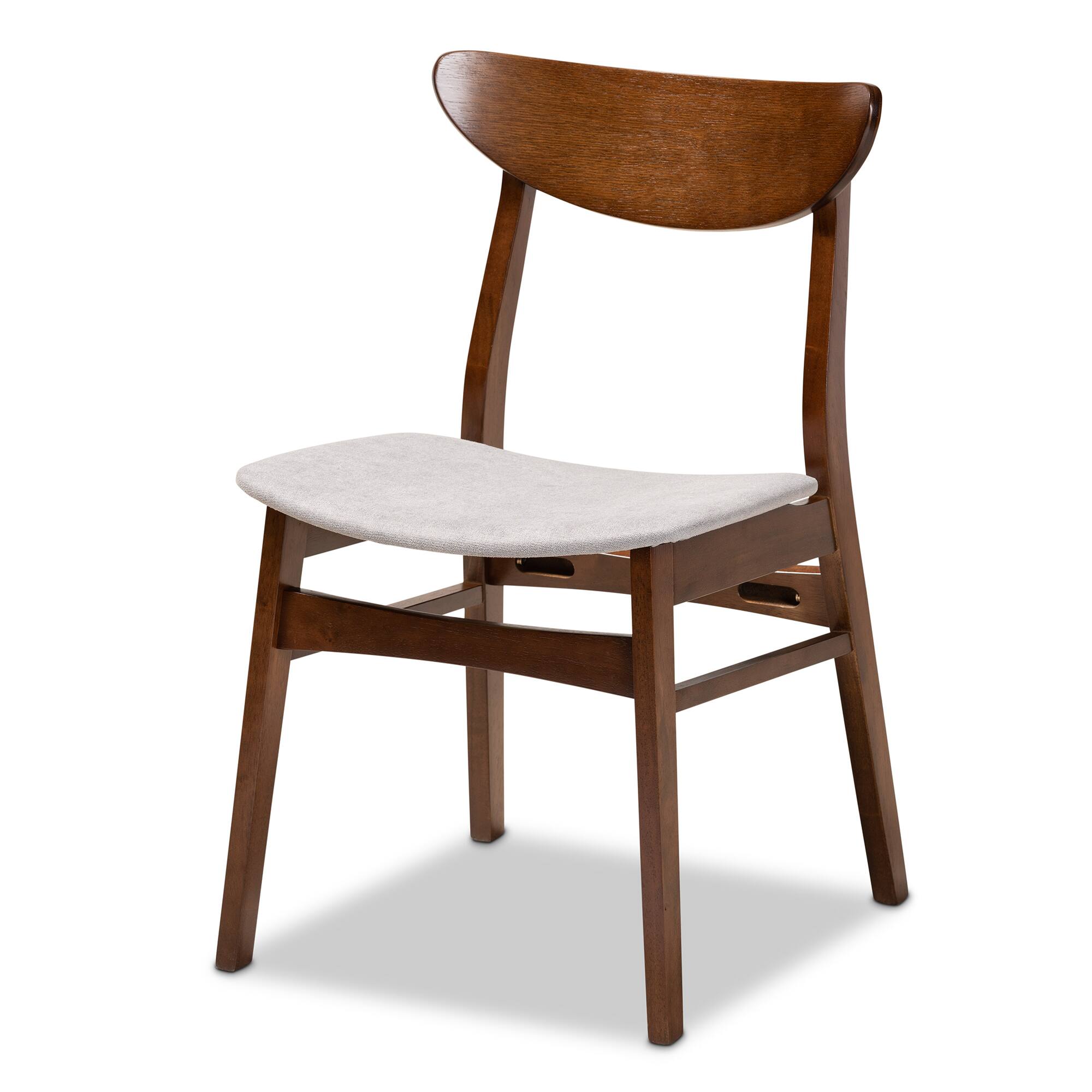 Angle. Baxton Studio - Parlin Mid Century Fabric Upholstered and Finished Wood 4-Piece Dining Chair Set - Light Grey/Walnut Brown.