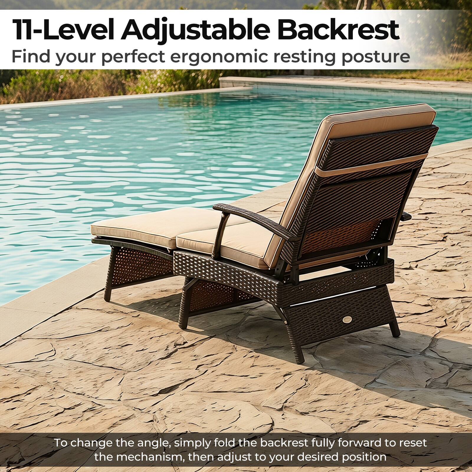 11-Level Adjustable Backrest  
Find your perfect ergonomic resting posture  

To change the angle, simply fold the backrest fully forward to reset the mechanism, then adjust to your desired position