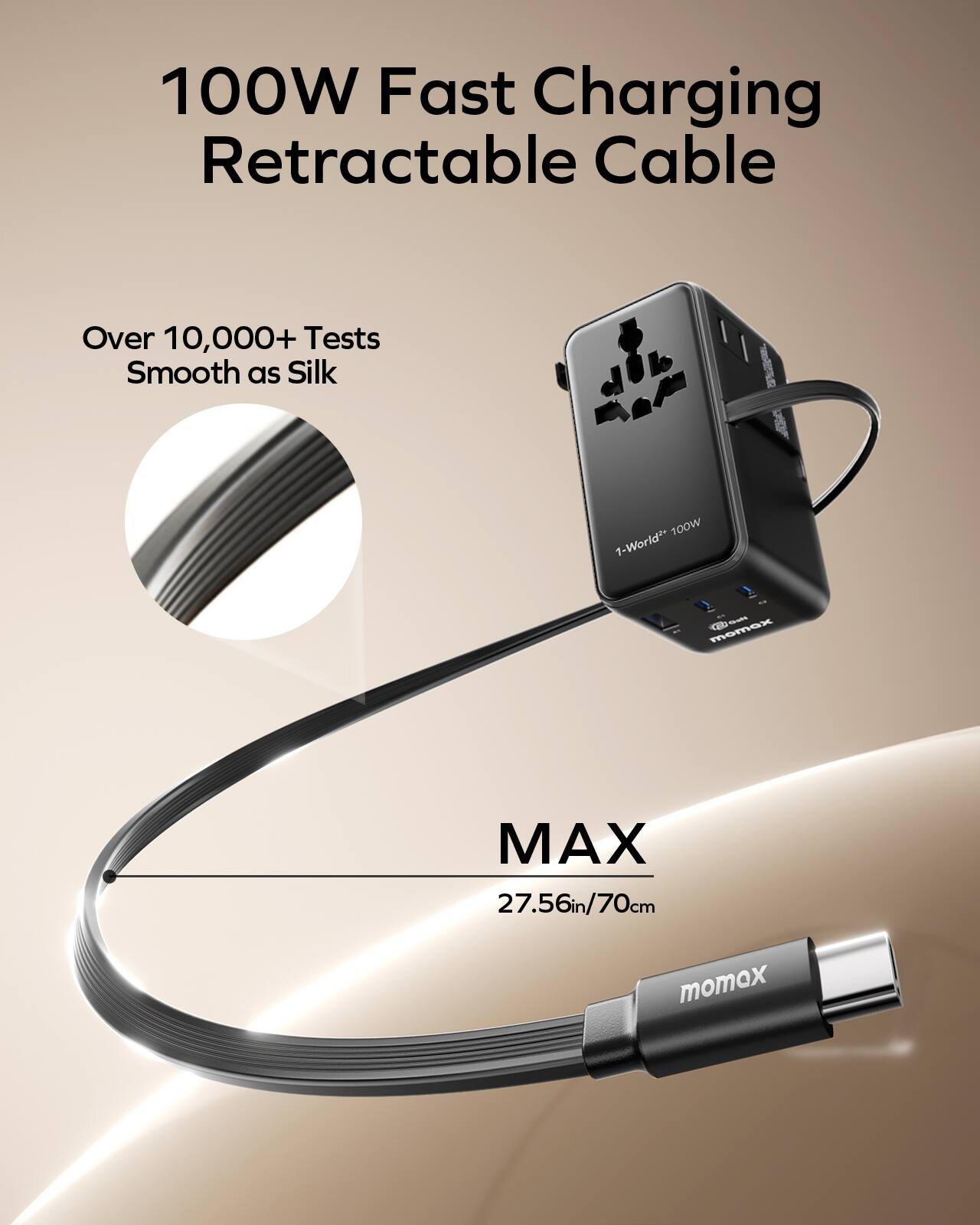 100W Fast Charging Retractable Cable  
Over 10,000+ Tests  
Smooth as Silk  

1-World™ 100W  

MAX  
27.56in/70cm  

momox