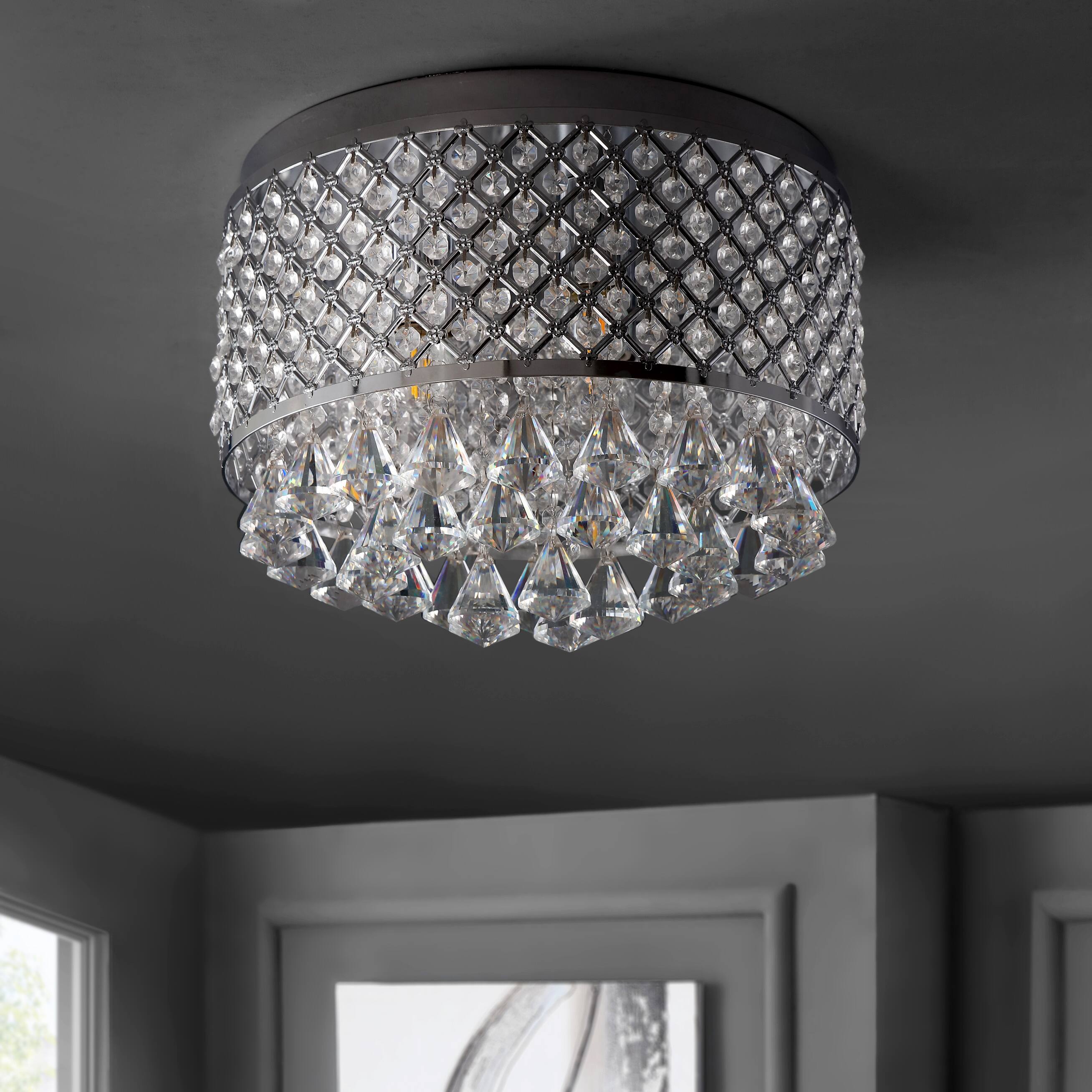 Alt View 5. Jonathan Y - Evelyn 14.7" 3-Light Crystal Drops/Metal LED Flush Mount, Chrome - Chrome/Clear.