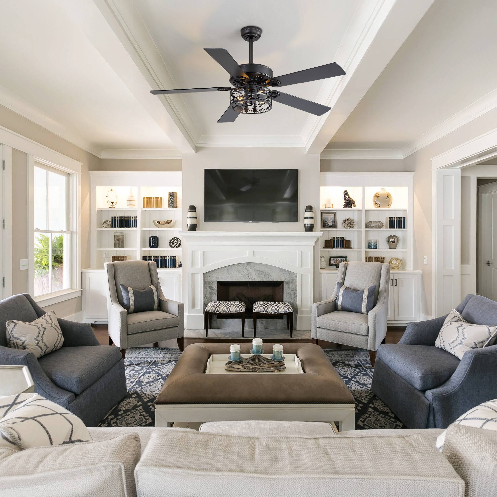 Alt View 1. Breezary - 52-Inch Ceiling Fan with Light, 5 Reversible Plywood Blades, Remote Control, DC Motor, Includes 5" & 10" Downrods - matte black.