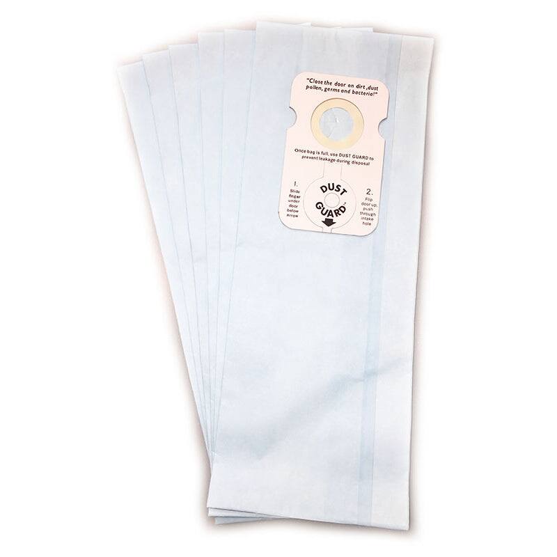 "Close the door on dirt, dust pollen, germs and bacteria!

Once bag is full, use DUST GUARD to prevent leakage during disposal

1. Slide finger through hole
2. Door up through hole

DUST GUARD"