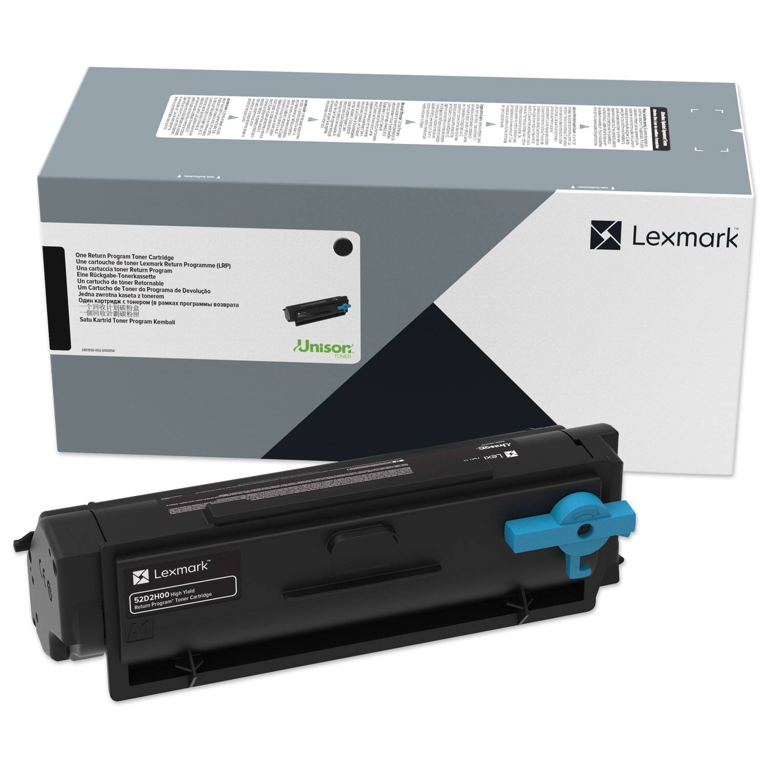 One Return Program Toner Cartridge  
Programa (LRP)  
Un cartucho de toner Programa de Retorno  
Une cartouche de toner Programme de Retour  
Una cartuchetta di toner Programma di Ritorno  
Jedna karta toner Programa Devolucija  
Oprzysłone karta toner Program Retorno  
Sah Kartucho Toner Program Kembal  
Lexmark  
52D2H00 High Yield  
with Return Program Toner Cartridge