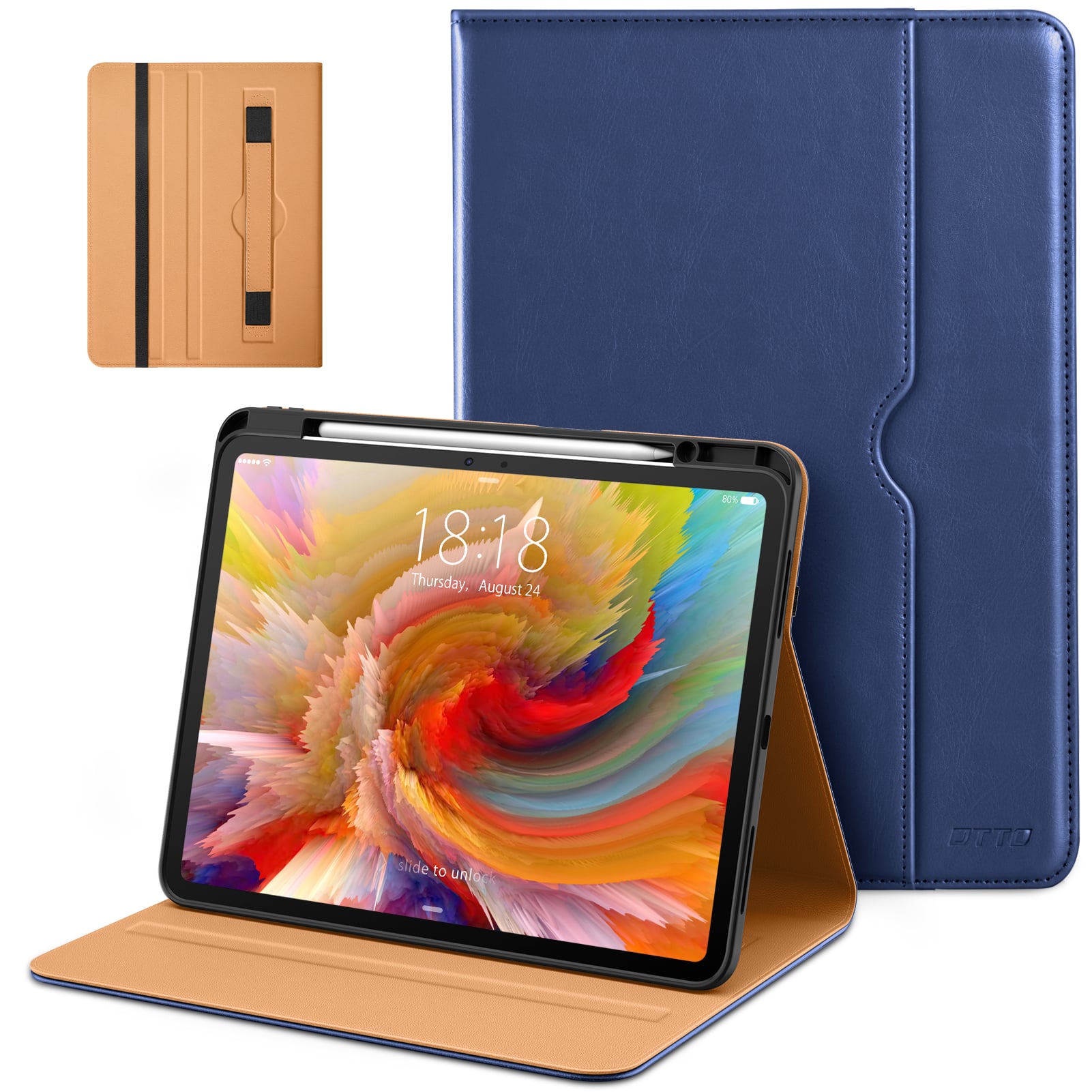 DTTO - Case for iPad Pro 13 Inch M5/M4,Premium Leather Business Folio Stand Cover with Pencil Holder, Auto Wake/Sleep - Navy Blue