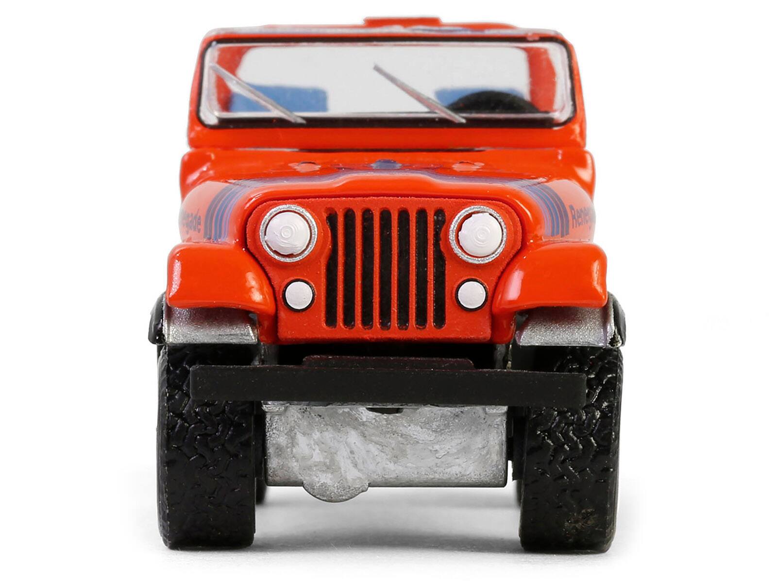 Alt View 1. Greenlight - 1979 Jeep CJ-7 Renegade Red Blue Stripes We Build 'em Tough Because You Play Rough Vintage Ad Cars Series 11 1/64 - Red with Blue Stripes.
