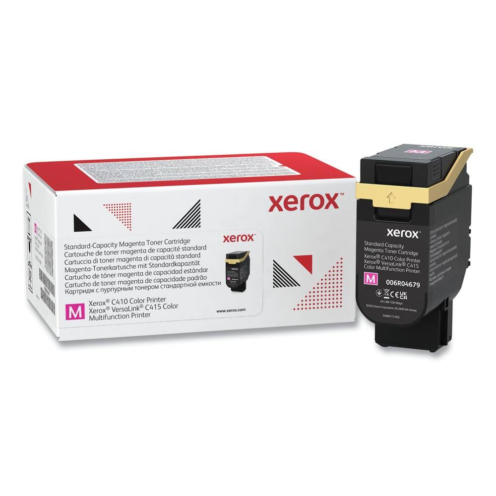 Xerox Standard-Capacity Magenta Toner Cartridge  
Cartouche de toner magenta de capacité standard  
Cartuccia di toner magenta standard  
Magenta-Tonerpatrone mit Standardkapazität  
Cartucho de toner magenta de capacidad estándar  
Картридж с пигментным тонером стандартной емкости  

Xerox C410 Color Printer  
Xerox VersaLink C415 Color Multifunction Printer  

006R04679  
www.xerox.com