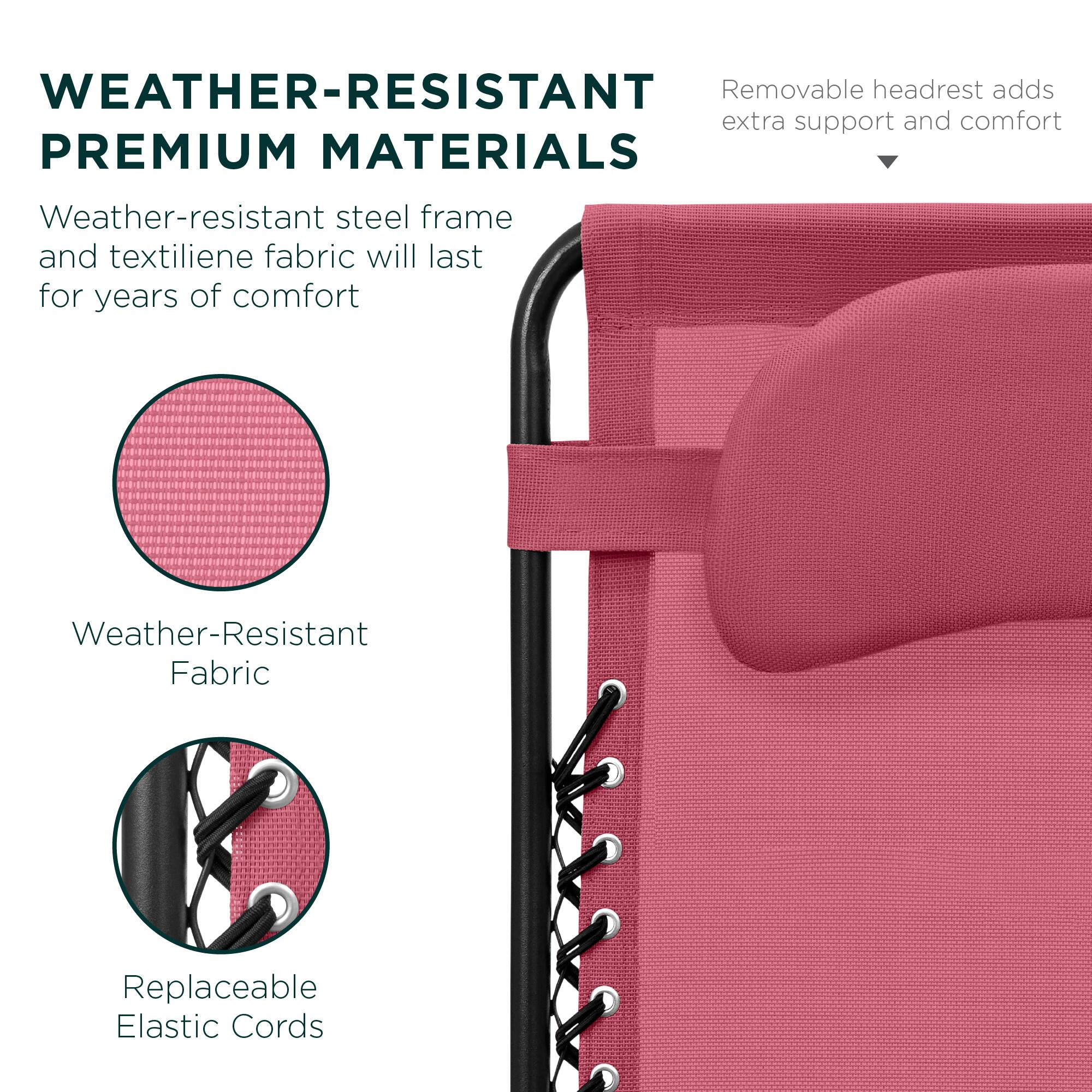 **WEATHER-RESISTANT PREMIUM MATERIALS**

Weather-resistant steel frame and textilene fabric will last for years of comfort

- Weather-Resistant Fabric
- Replaceable Elastic Cords

Removable headrest adds extra support and comfort