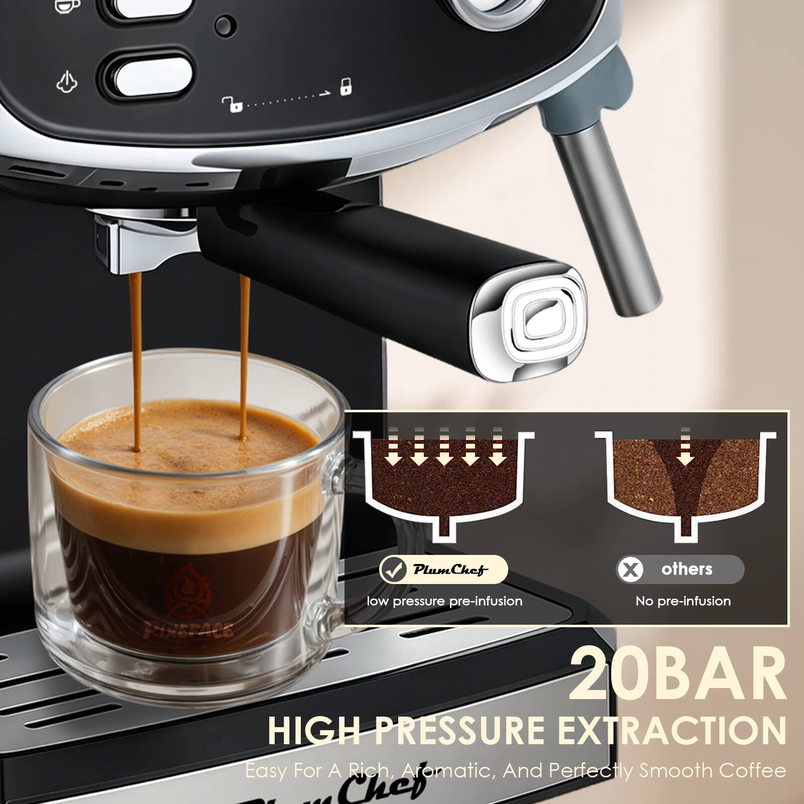 PlumChef X others low pressure pre-infusion No pre-infusion

20BAR HIGH PRESSURE EXTRACTION

Easy For A Rich, Aromatic, And Perfectly Smooth Coffee