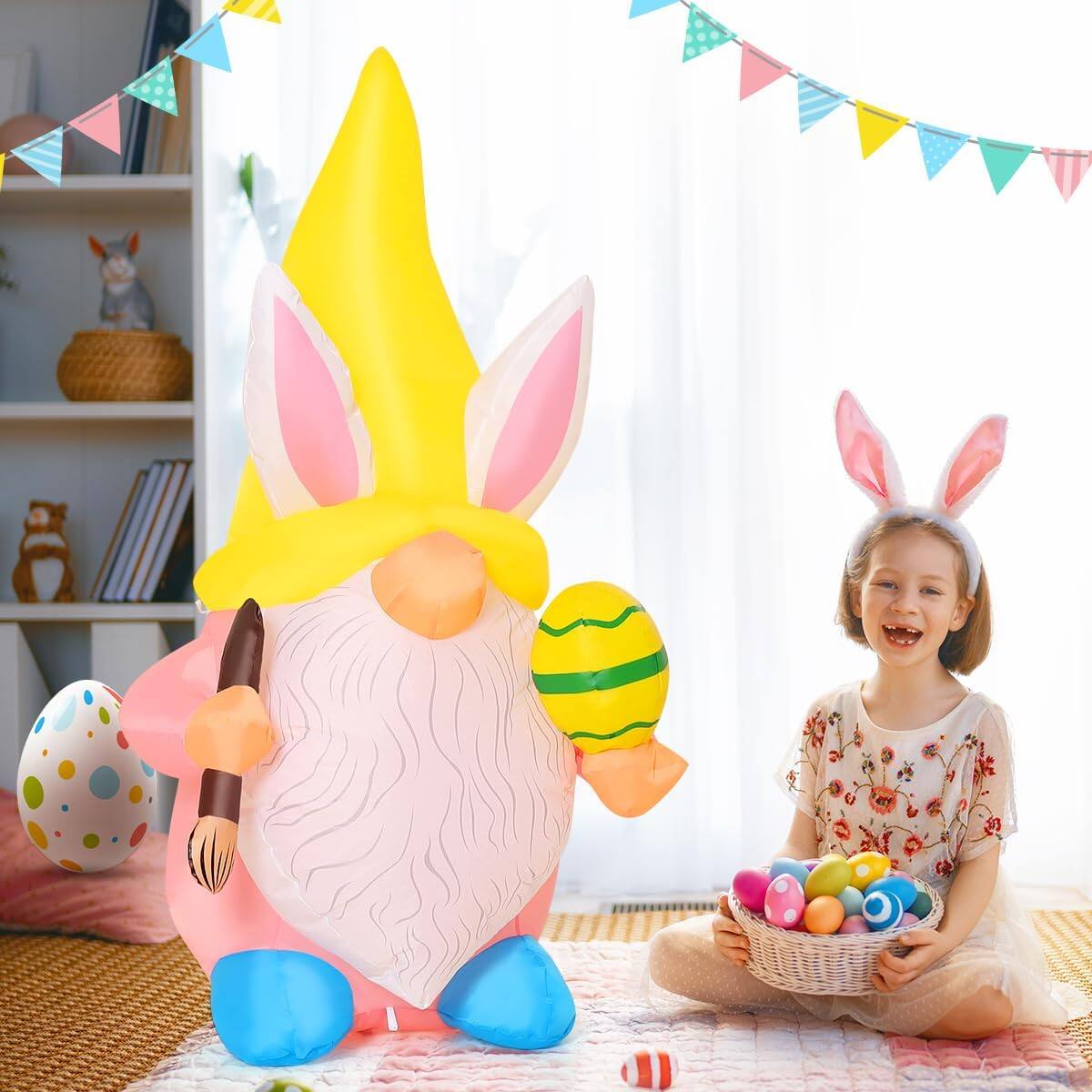 Alt View 1. GOOSH Inflatables - GOOSH 5FT Easter Inflatable Cute Gnome Wearing Bunny Hat Holding Eggs and Paintbrush with LED Lights - Yellow.