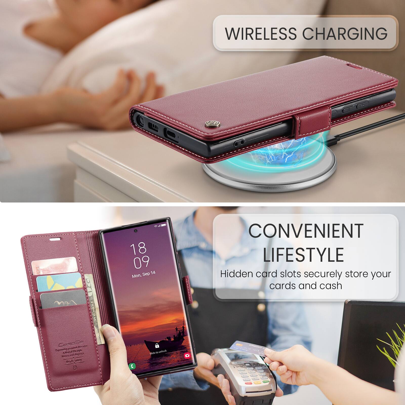 WIRELESS CHARGING

18 09 Sep 14 Mon,

CONVENIENT LIFESTYLE
Hidden card slots securely store your cards and cash

Casolla losemp  Expering And  Anganica Curcum

Slide to unlock